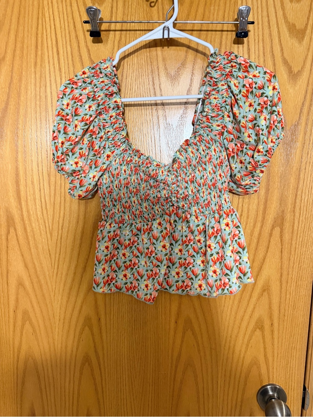 Lulu's Mint Floral Smocked Puff-Sleeve Crop Top
